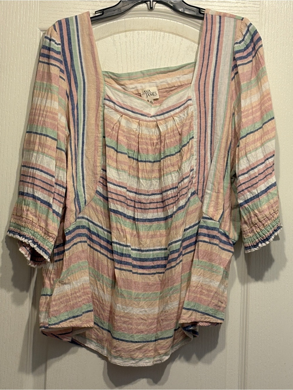 AVA James Pastel Striped Peasant Blouse - Pink/Blue/Green
